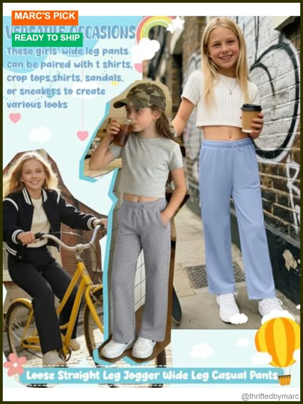 Girls 4 Pack Baggy Wide Leg Sweatpants with Pockets, 95% Polyester 5% Rayon